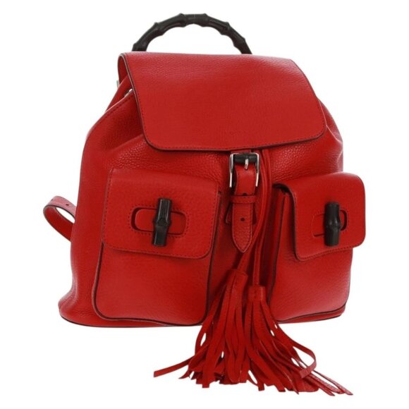 GUCCI Bamboo Backpack Leather Red Silver 370833 Auth 158958V main image 14